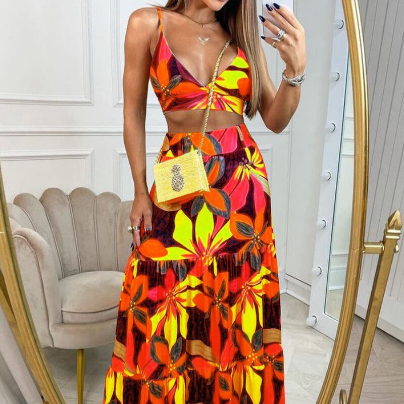 Printed V-neck Suspenders Temperament Big Swing Long Skirt Suit For Women