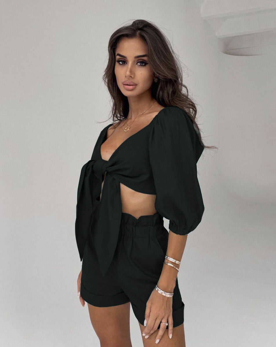 Women's Lantern Mid Sleeve Cardigan Wide Leg Pocket Shorts Casual Suit