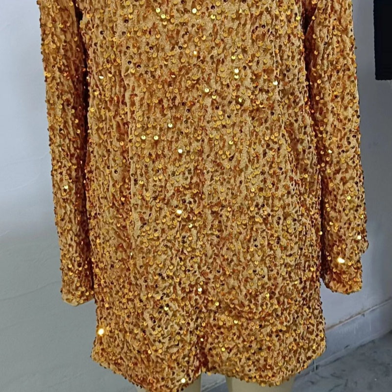 Women's Round Neck Long Sleeve Loose Sequins Short Spandex Dress