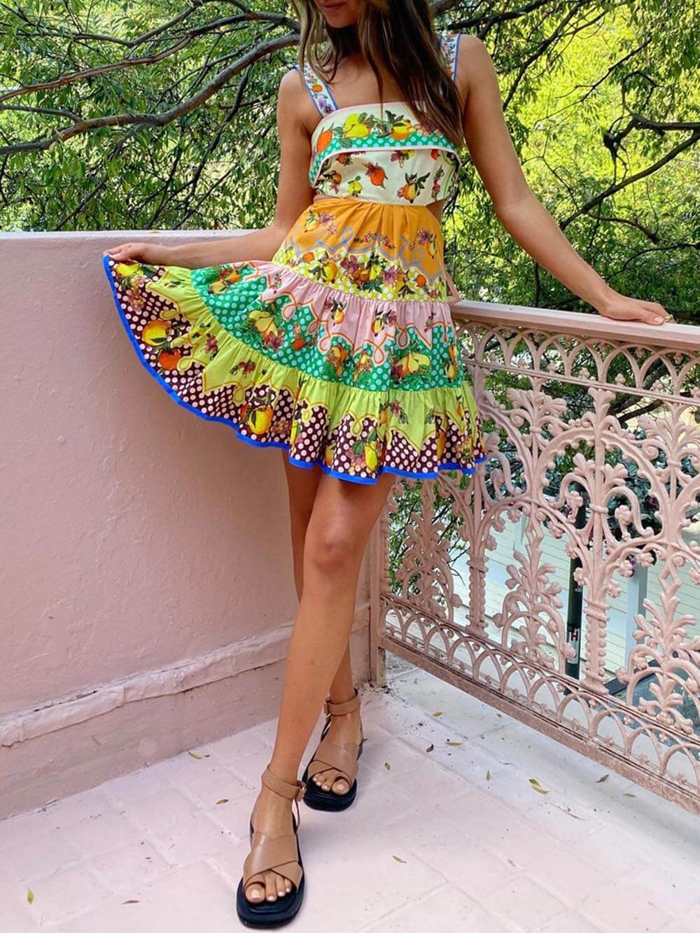 Summer MulticolorLemon Preated Hem Mini Dress