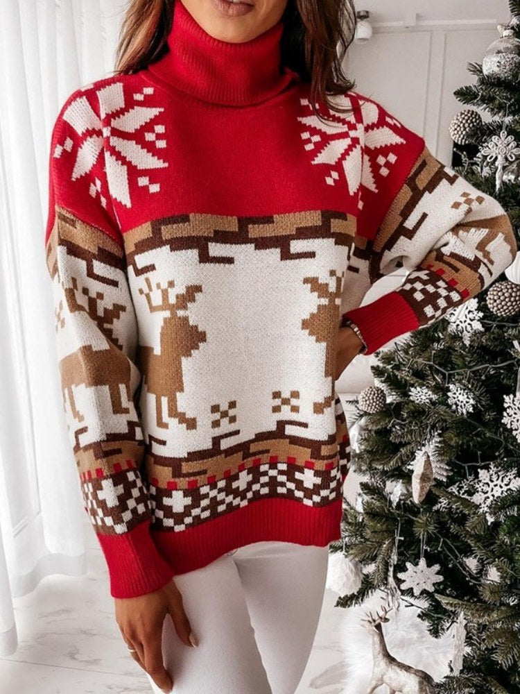 Knit Pullover with Embroidered Reindeer and Snowflake Design