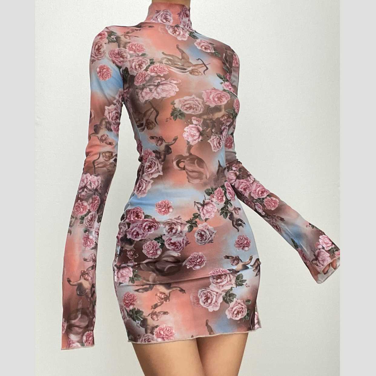 Sheer mesh see through print high neck slit long sleeve dress