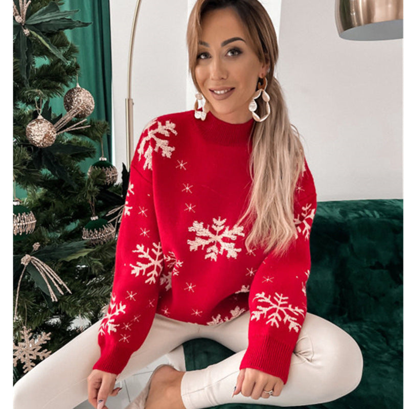 Snowflake Towel Embroidery Half-high Collar Long Sleeves Women's Christmas Sweater