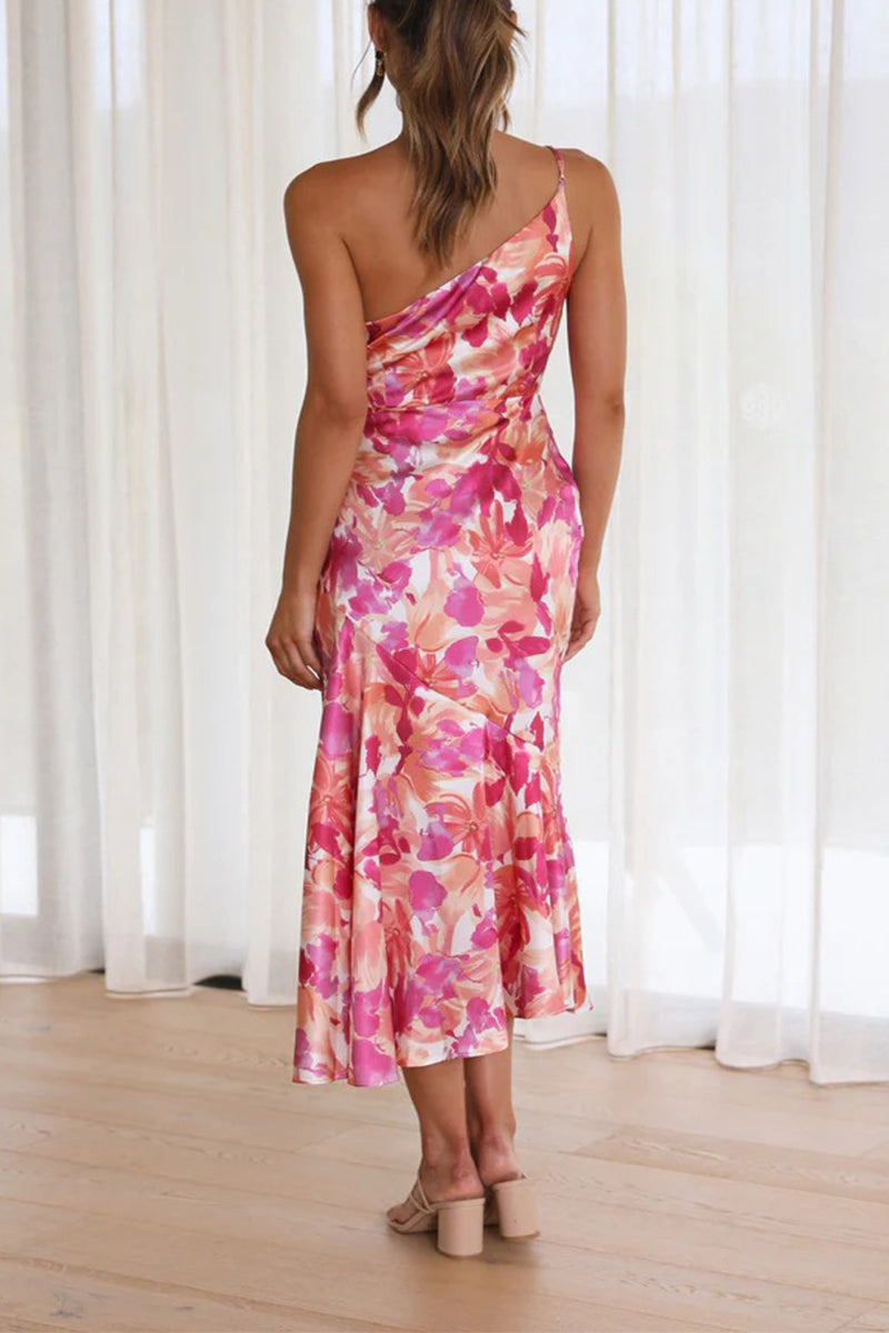 Floral One Shoulder Ruched Satin Dress