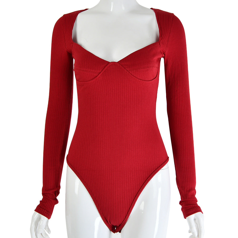 Low-cut V-neck long-sleeved pit strip slim bodysuit