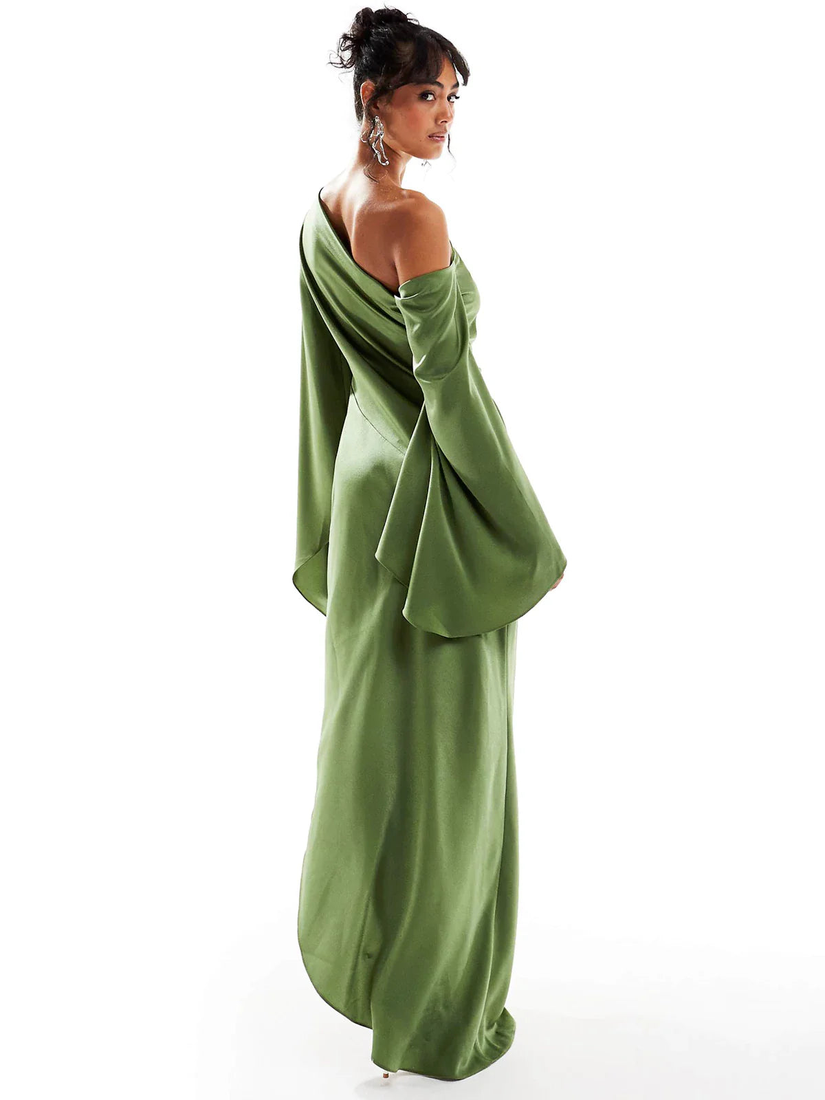 Green Asymmetrical Hem Satin Maxi Dress