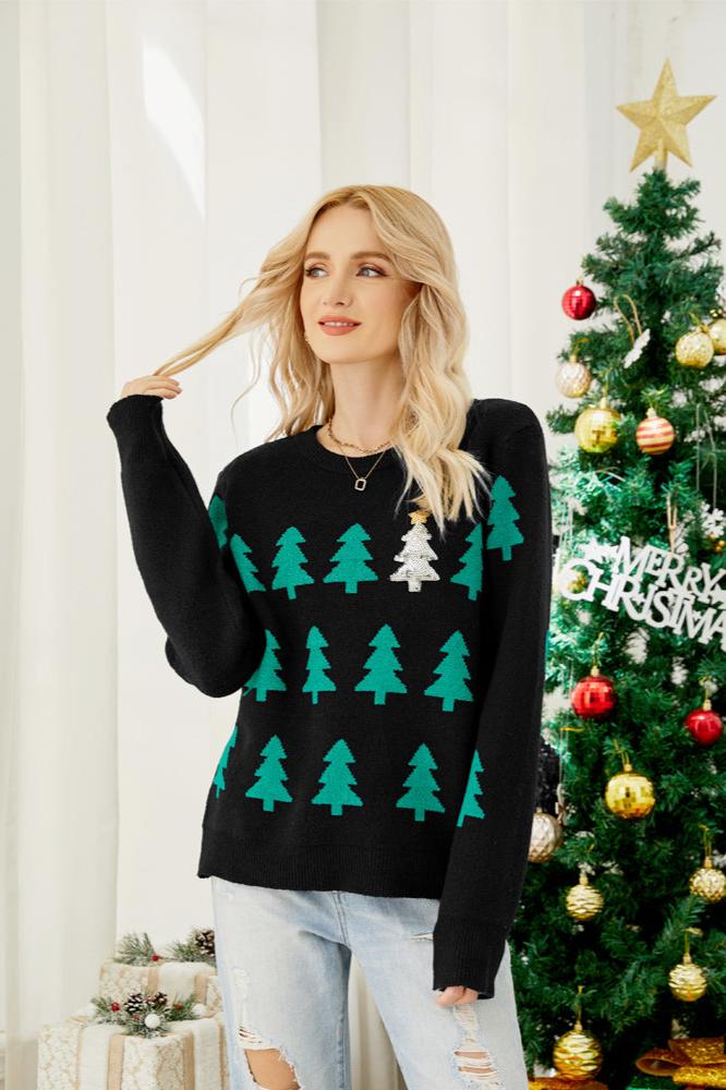 Sparkling Sequin Christmas Tree Knit Sweater