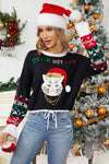 Casual Round Neck Cat Embroidery Sequin Sweater