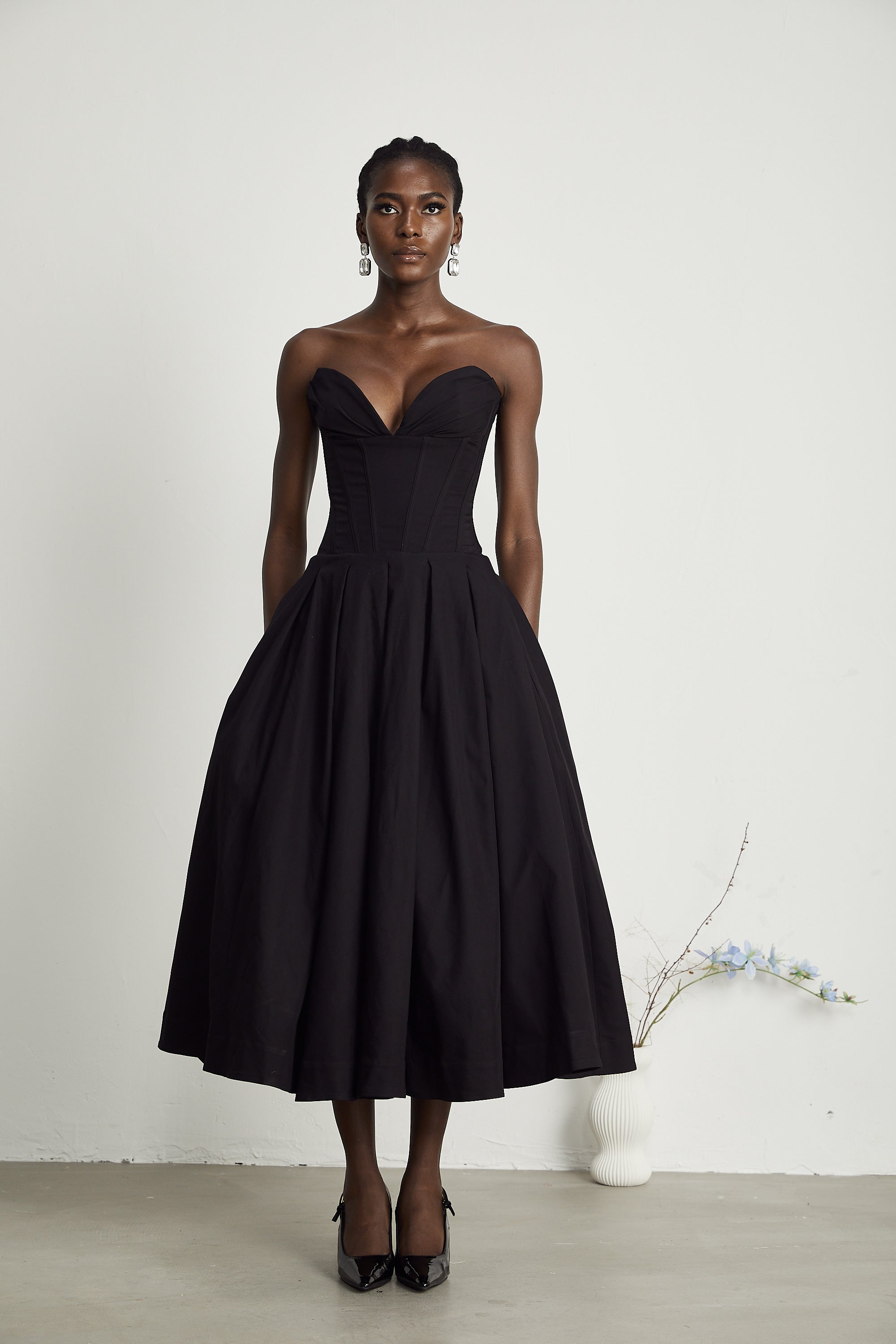 Katherine off-shoulder corset midi dress in Black