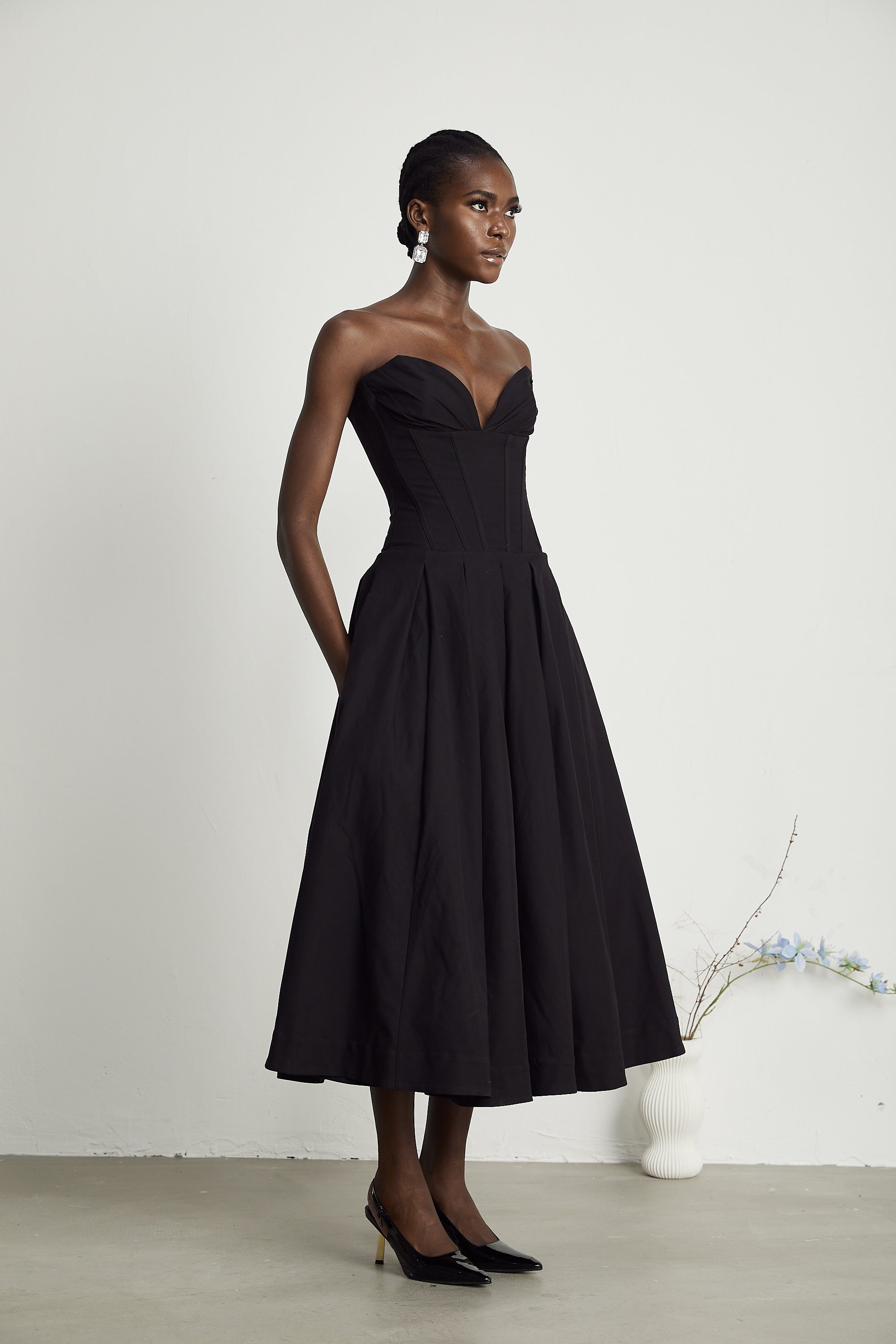 Katherine off-shoulder corset midi dress in Black