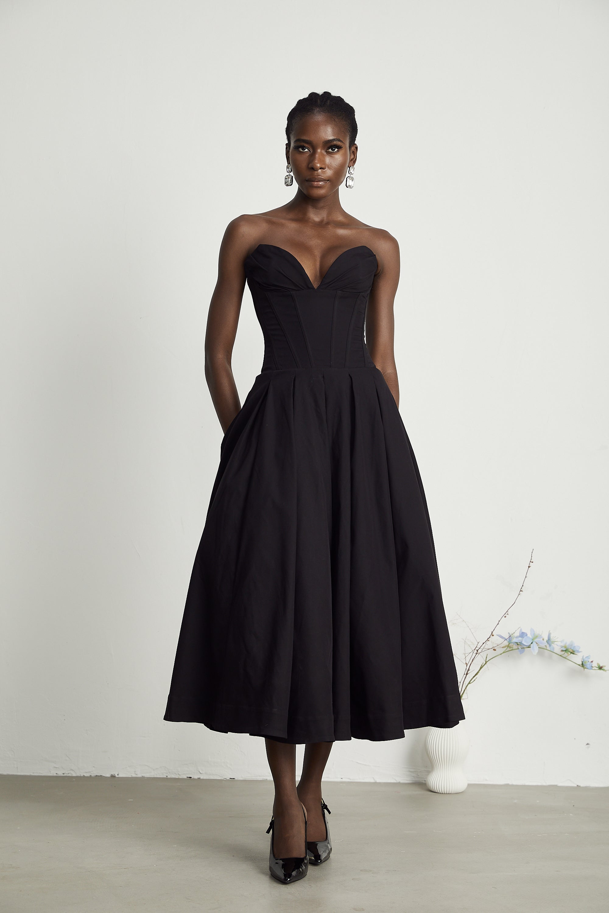 Katherine off-shoulder corset midi dress in Black