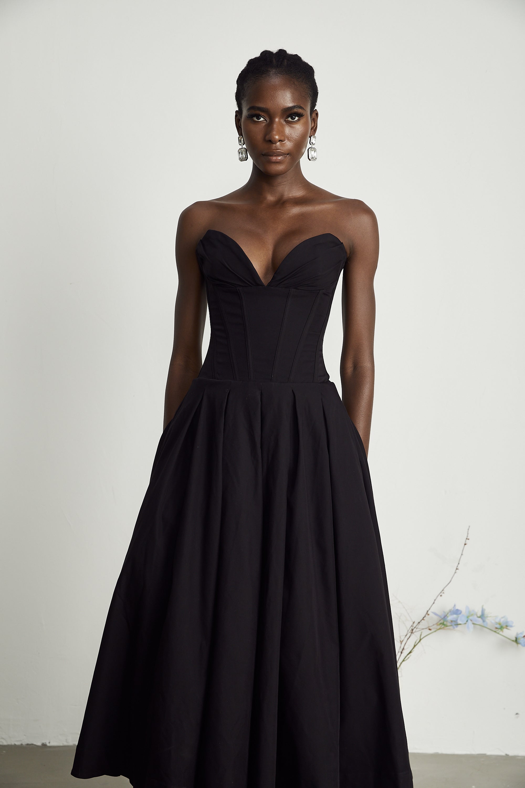 Katherine off-shoulder corset midi dress in Black