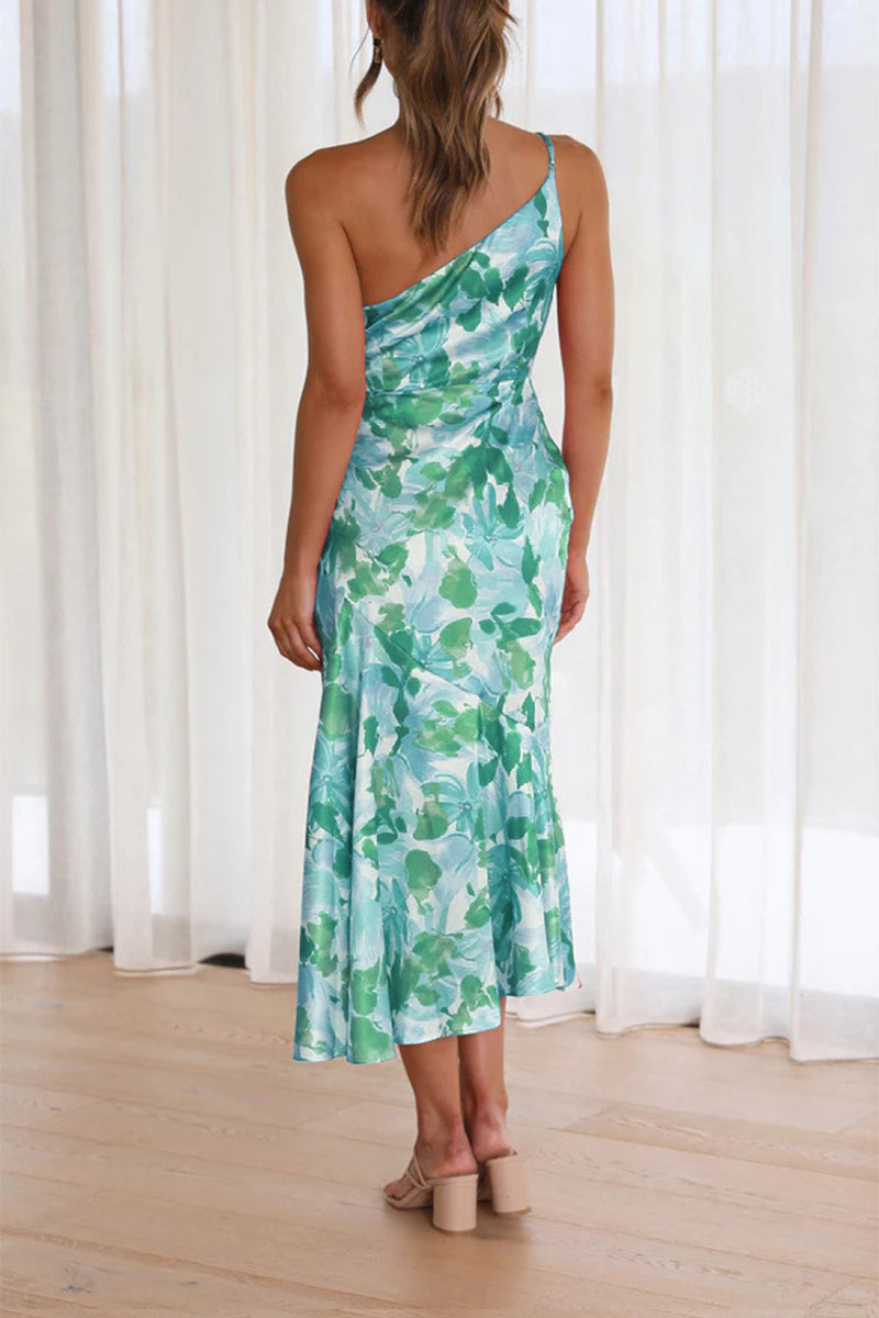 Floral One Shoulder Ruched Satin Dress