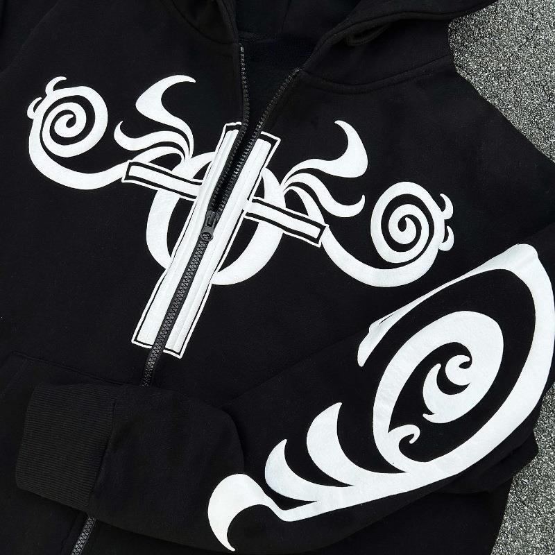 Letter Pattern Printed Hoodie Long Zipper Sweater Coat