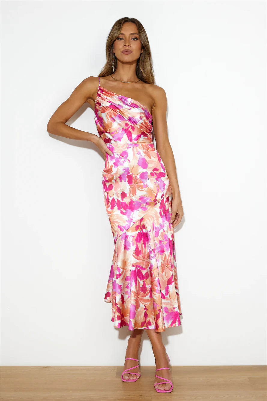 Floral One Shoulder Ruched Satin Dress