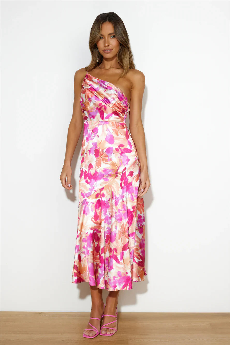 Floral One Shoulder Ruched Satin Dress