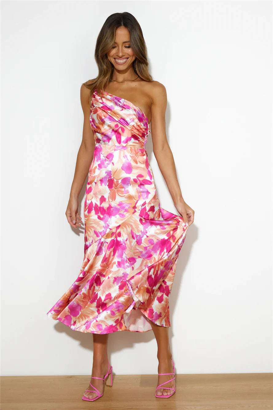 Floral One Shoulder Ruched Satin Dress