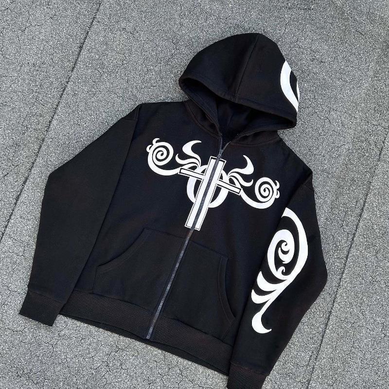 Letter Pattern Printed Hoodie Long Zipper Sweater Coat