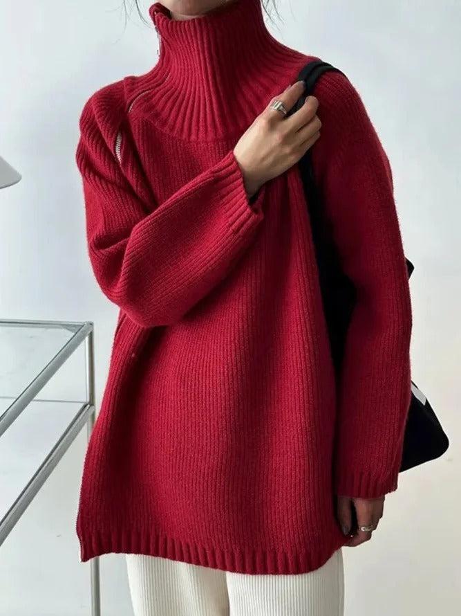 Red Plain High Neck Sweater