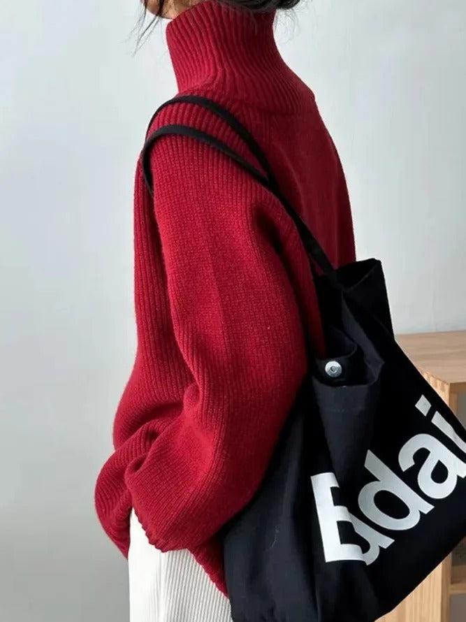 Red Plain High Neck Sweater