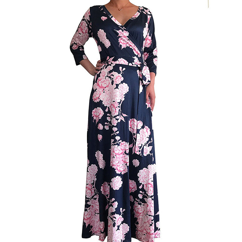 Sexy V-neck Three-quarter Sleeve Printed Long Skirt Lace-up Skirt Dress