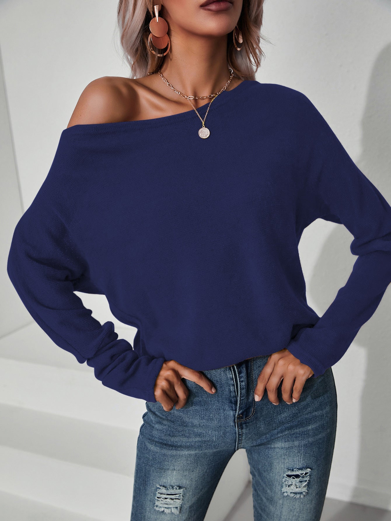 Street Solid Color Knitted Oblique Shoulder Top Sweater