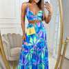 Printed V-neck Suspenders Temperament Big Swing Long Skirt Suit For Women