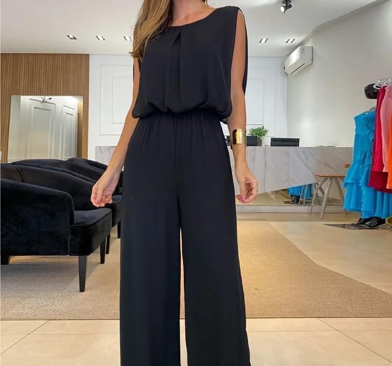 O-neck Sleeveless Long Jumpsuit Summer Backless Hollow Loose Rompers Women Hight Waist Solid Playsuits