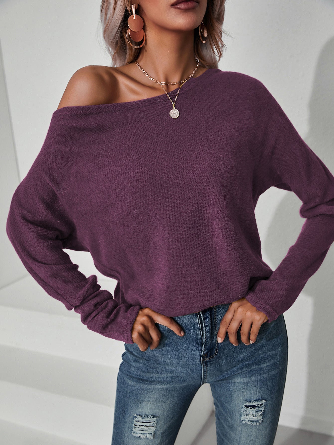 Street Solid Color Knitted Oblique Shoulder Top Sweater