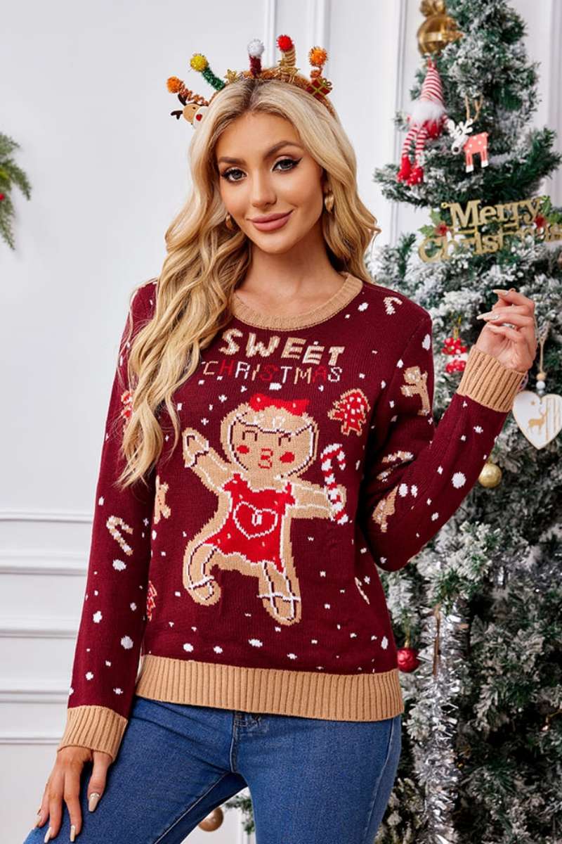 Casual Crewneck Embroidered Sweater – Gingerbread Man