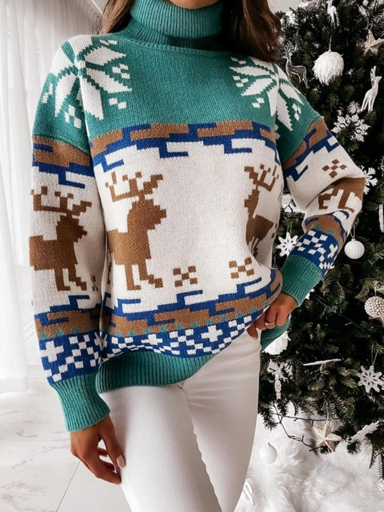 Knit Pullover with Embroidered Reindeer and Snowflake Design