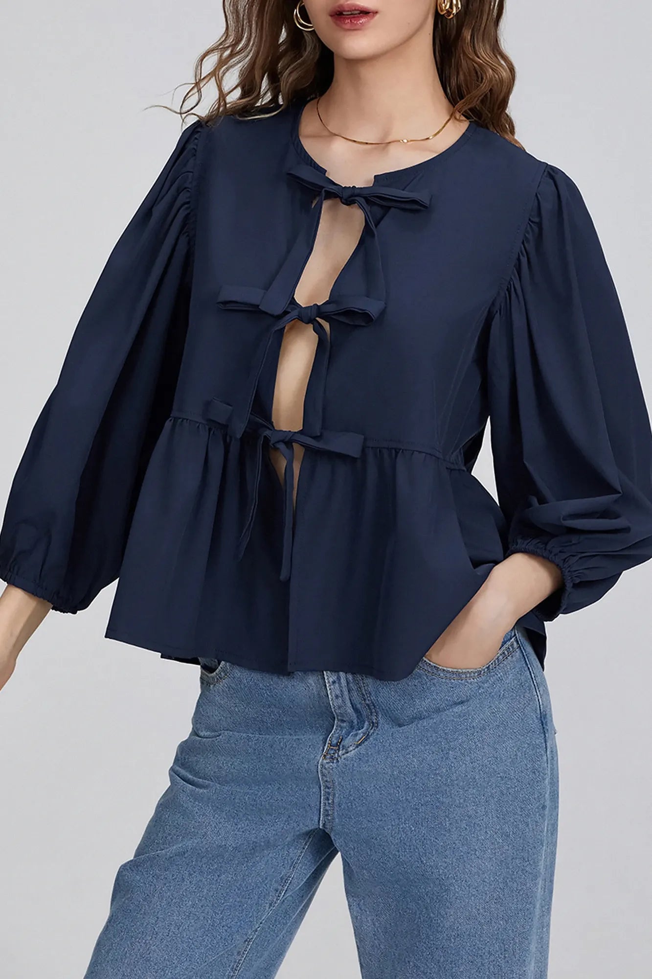 Puff Sleeve Peplum Bow Ties Blouse Top