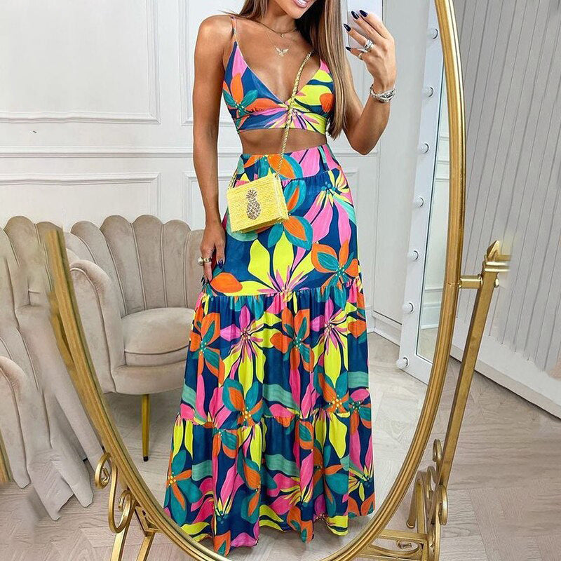 Printed V-neck Suspenders Temperament Big Swing Long Skirt Suit For Women