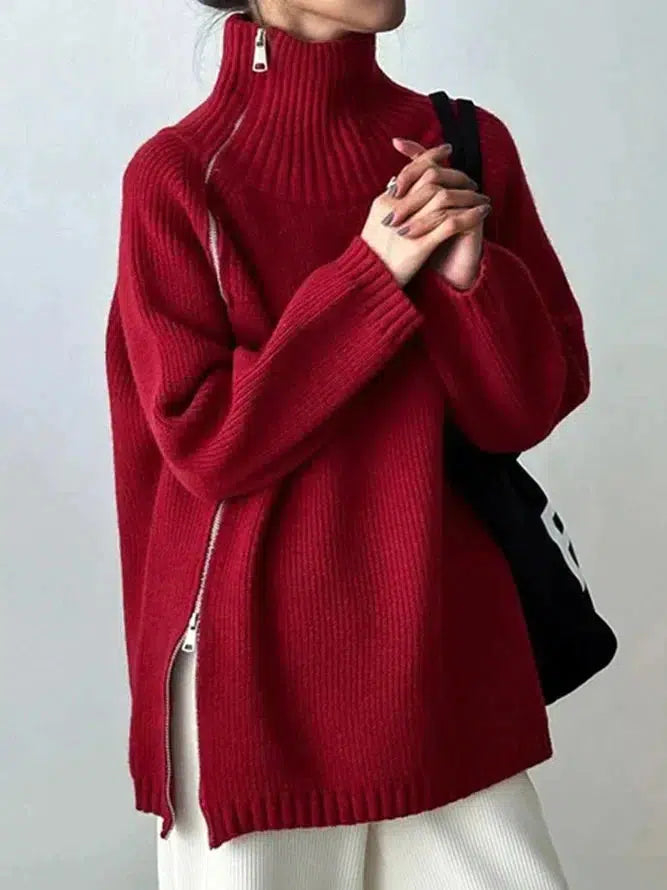 Red Plain High Neck Sweater