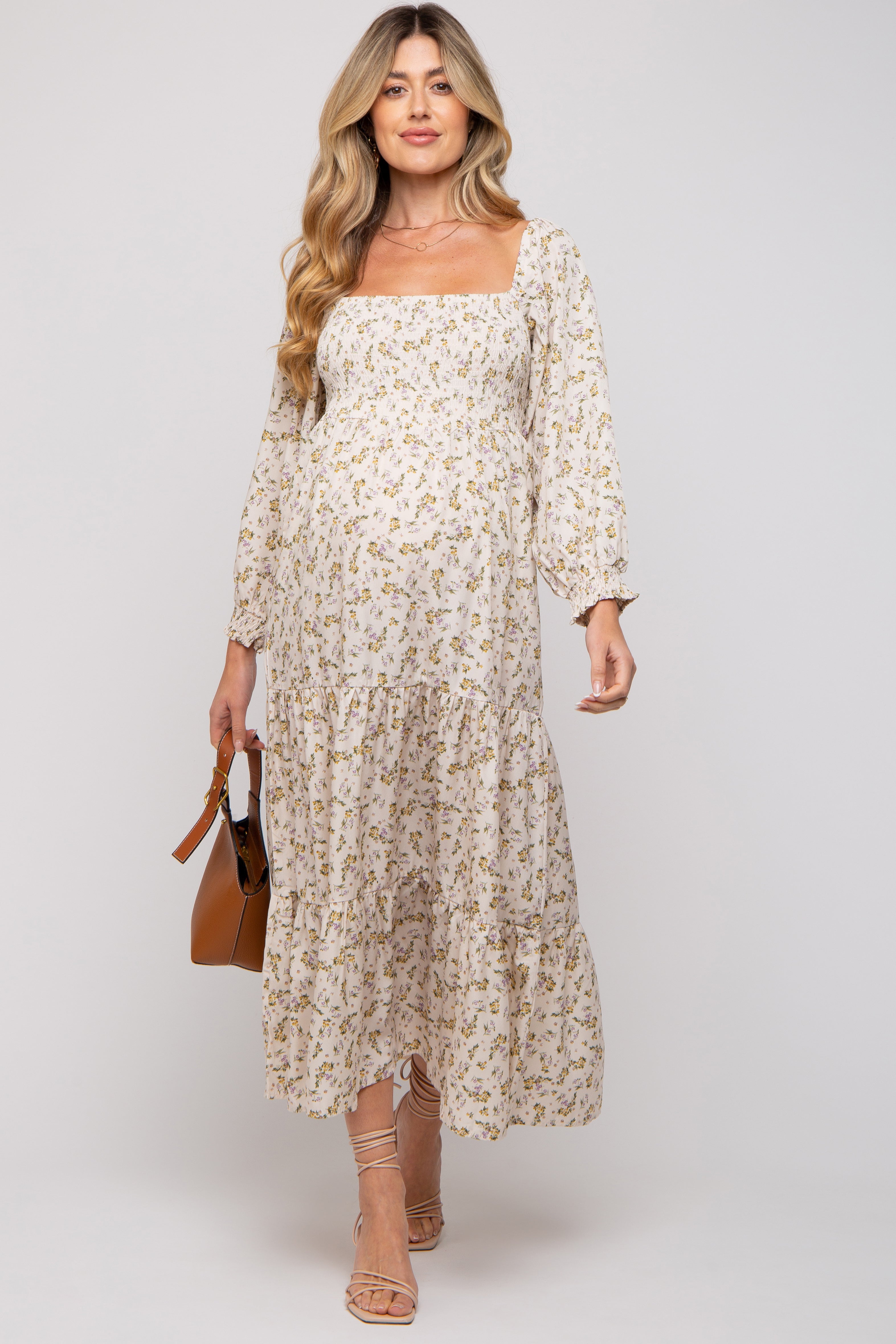 Cream Floral Smocked Long Sleeve Maternity Maxi Dress