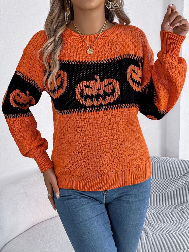 Halloween Pumpkin Head Color-Block Crew Neck Knit Sweater