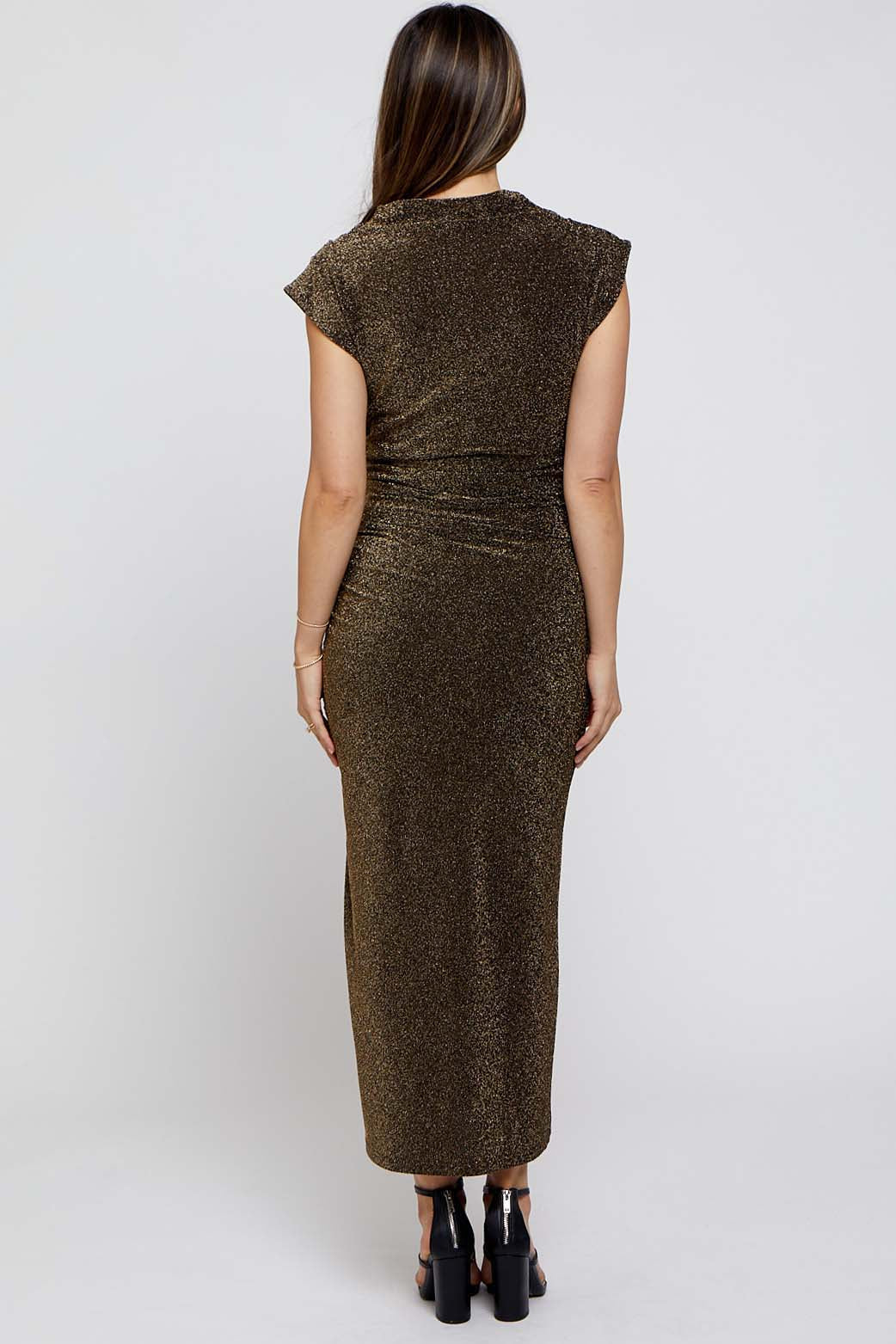 Gold Glitter Mock Neck Maternity Midi Dress