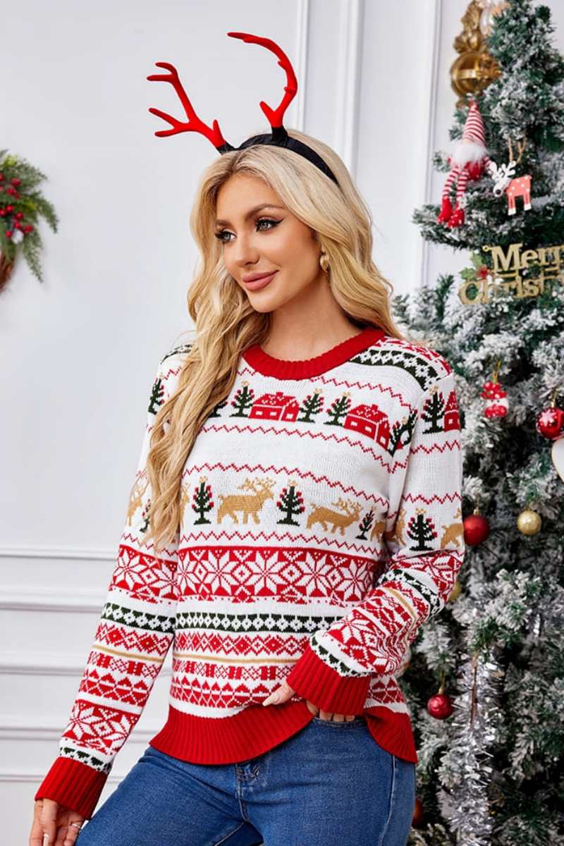 Christmas Crewneck Embroidered Knit Sweater