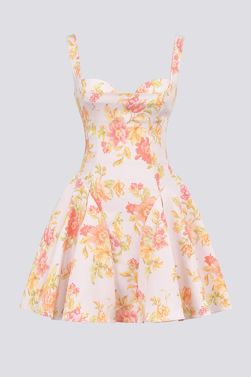 Cynthia Peach Poppy Print Mini Dress