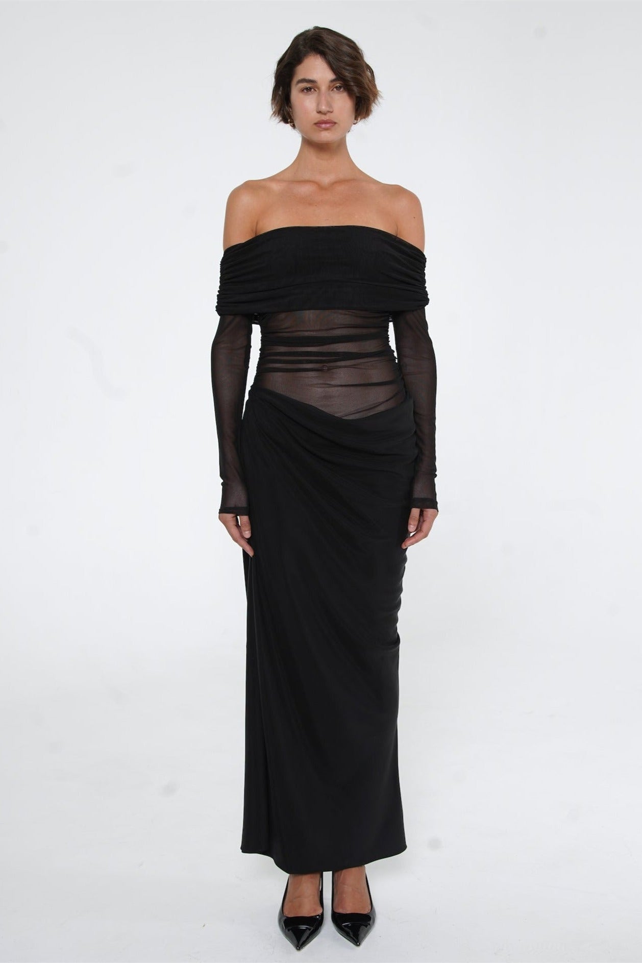 Lillian Off Shoulder Sheer Maxi Mesh Dress