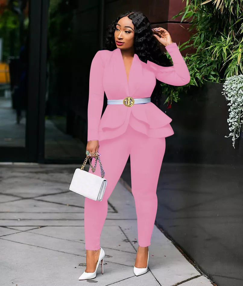 New Women Winter Women's Set Tracksuit Full Sleeve Ruffles Blazers Pencil Pants Suit Two Piece Set Office Lady Outfits Uniform