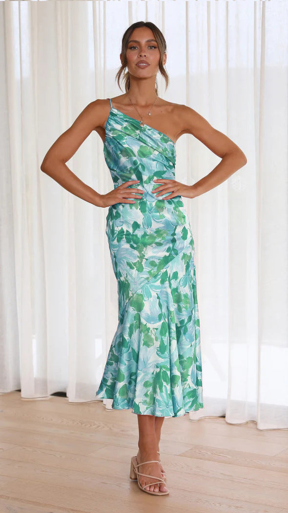 Floral One Shoulder Ruched Satin Dress