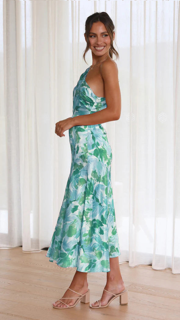 Floral One Shoulder Ruched Satin Dress