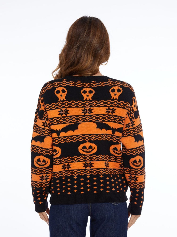 Halloween Pumpkin Pattern Round Neck Knitted Sweater