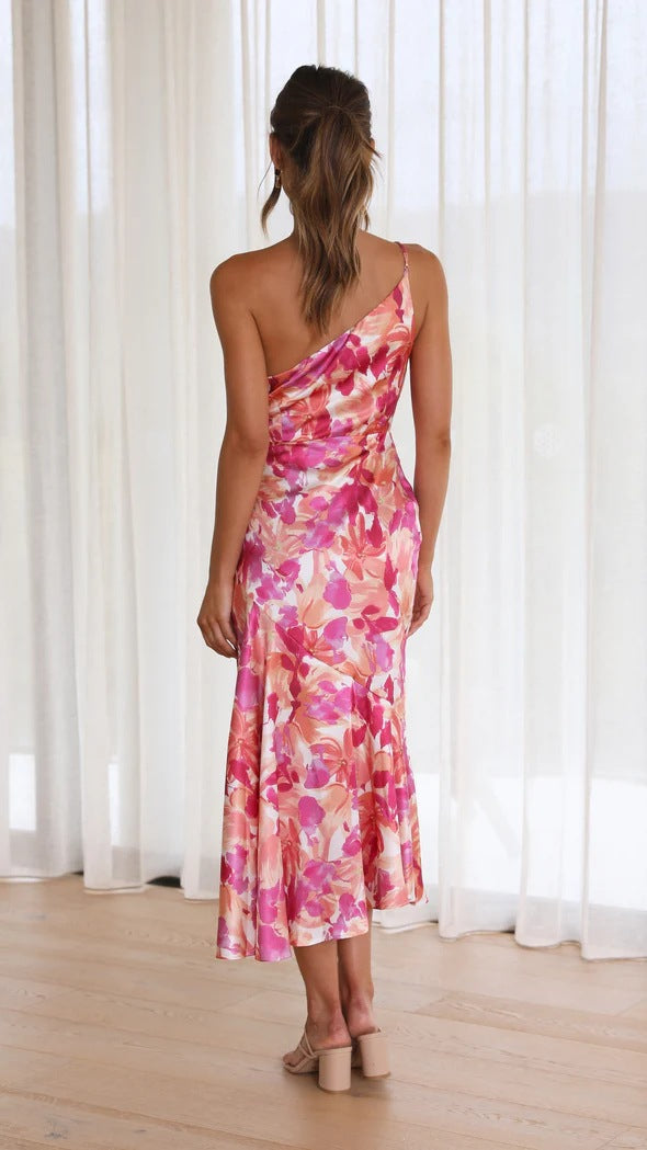 Floral One Shoulder Ruched Satin Dress