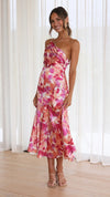 Floral One Shoulder Ruched Satin Dress