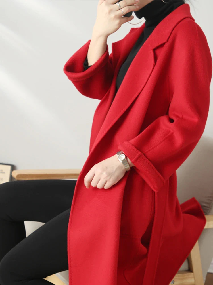 Casual Big Size Solid Water Ripple Wool Women Long Loose Double-sided Coat Lapel Belt Warm Jacket Fashion Spring Autumn