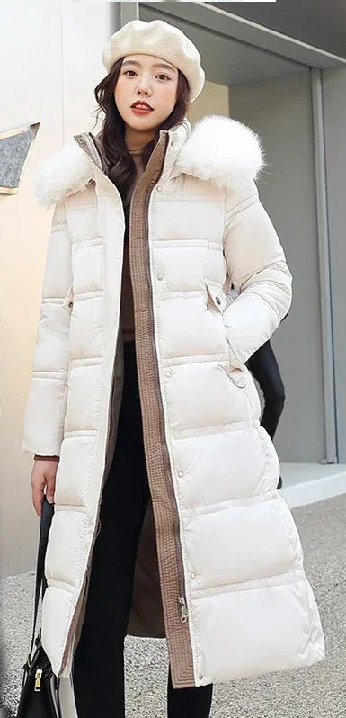 2023 New Women Winter Jacket Long Coat Fur Collar Hooded Down Parka Overcoat Warm Long Thick Cotton Wadded Jacket Outwear