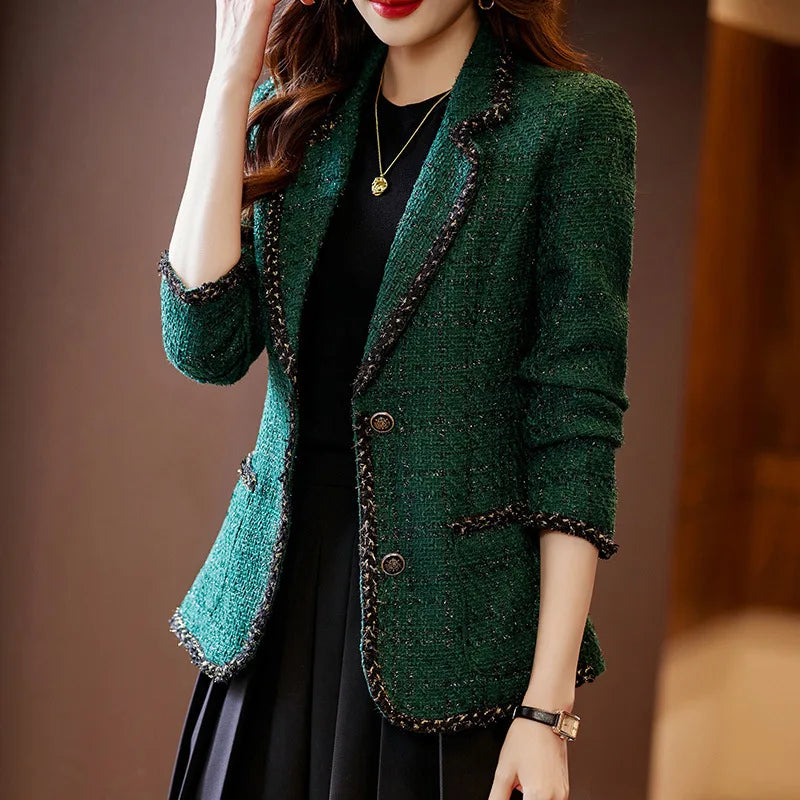 Autumn Winter Ladies Casual Blazer Women Black Green Beige Plaid Jacket Female Long Sleeve Single Breasted Slim Coat