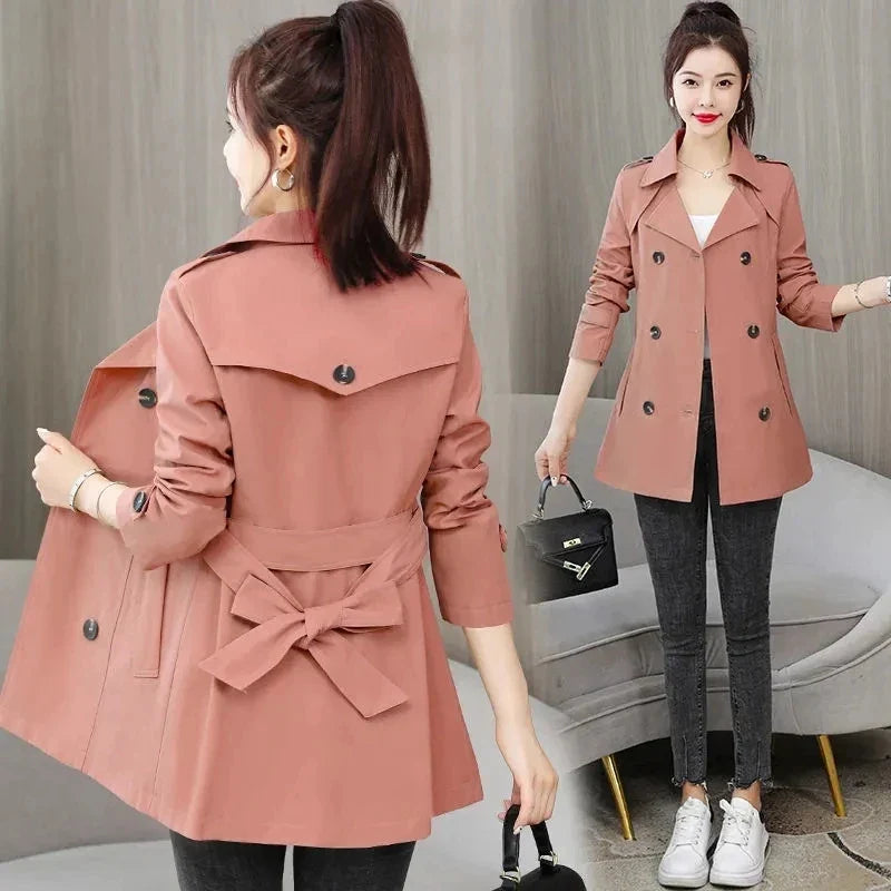 2023 New Spring Autumn Trench Coat Women Clothes Slim Long-Sleeved Short Windbreaker With Belt Casual Outwear Female Tops Lining